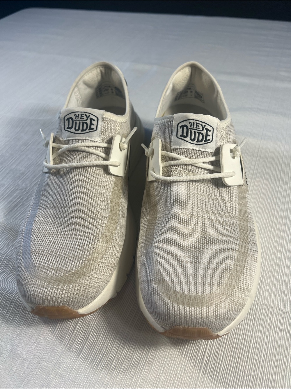 Hey Dude Men’s Slip-On Loafers in Light Tan and White/Grey